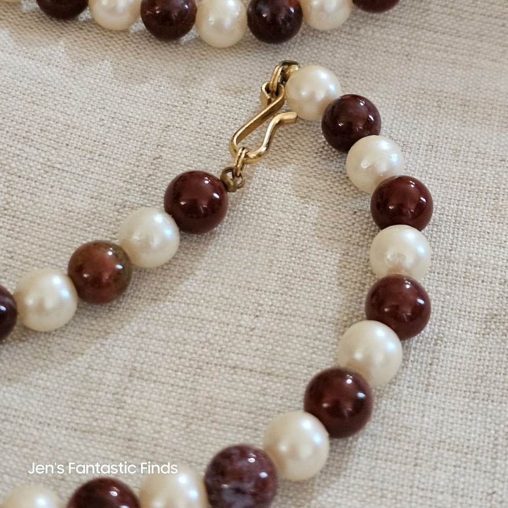 Vintage Pearl & Red Ocean Jasper Beaded Necklace 24 Inches Gold Clasp